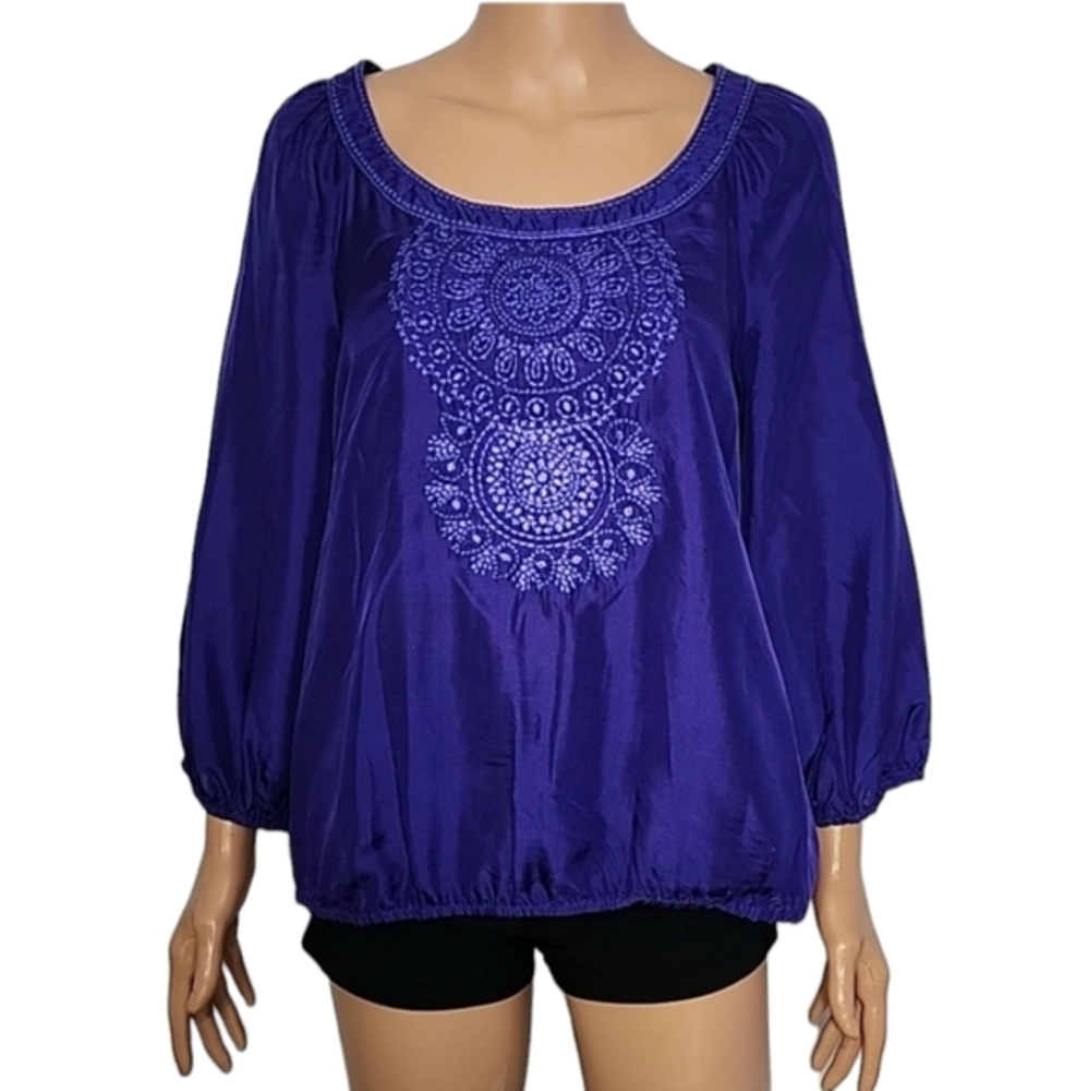 TRINA TURK Silk Purple Embroidered Blouse 3/4 Sleeve Peasant Shirt Top Size M